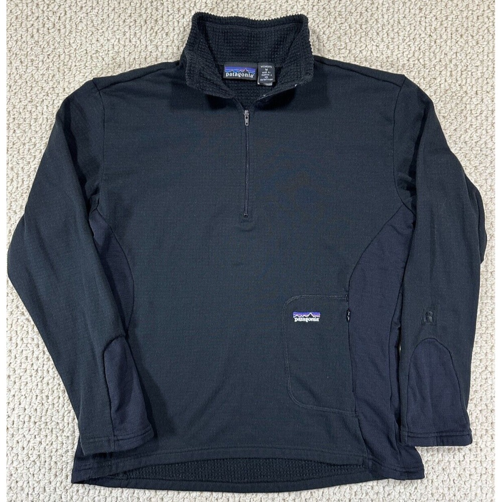 Vtg Patagonia 1/4 Zip Pullover Womens M Black R1 Polartec Grid Fleece USA Made